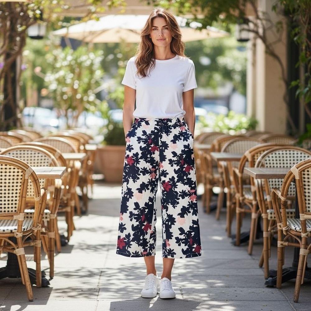 Liz Claiborne Culottes Women White Blue Floral Linen Blend Wide Leg Pants XL